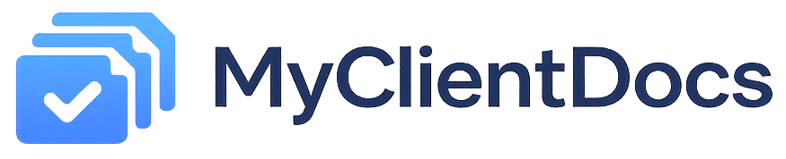 MyClientDocs logo featuring overlapping folder icons with a checkmark and wordmark.