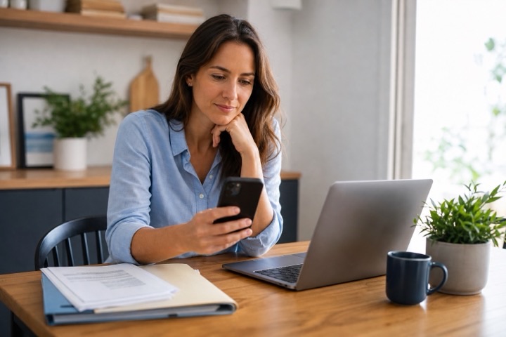 Client viewing a reminder beside a laptop and documents